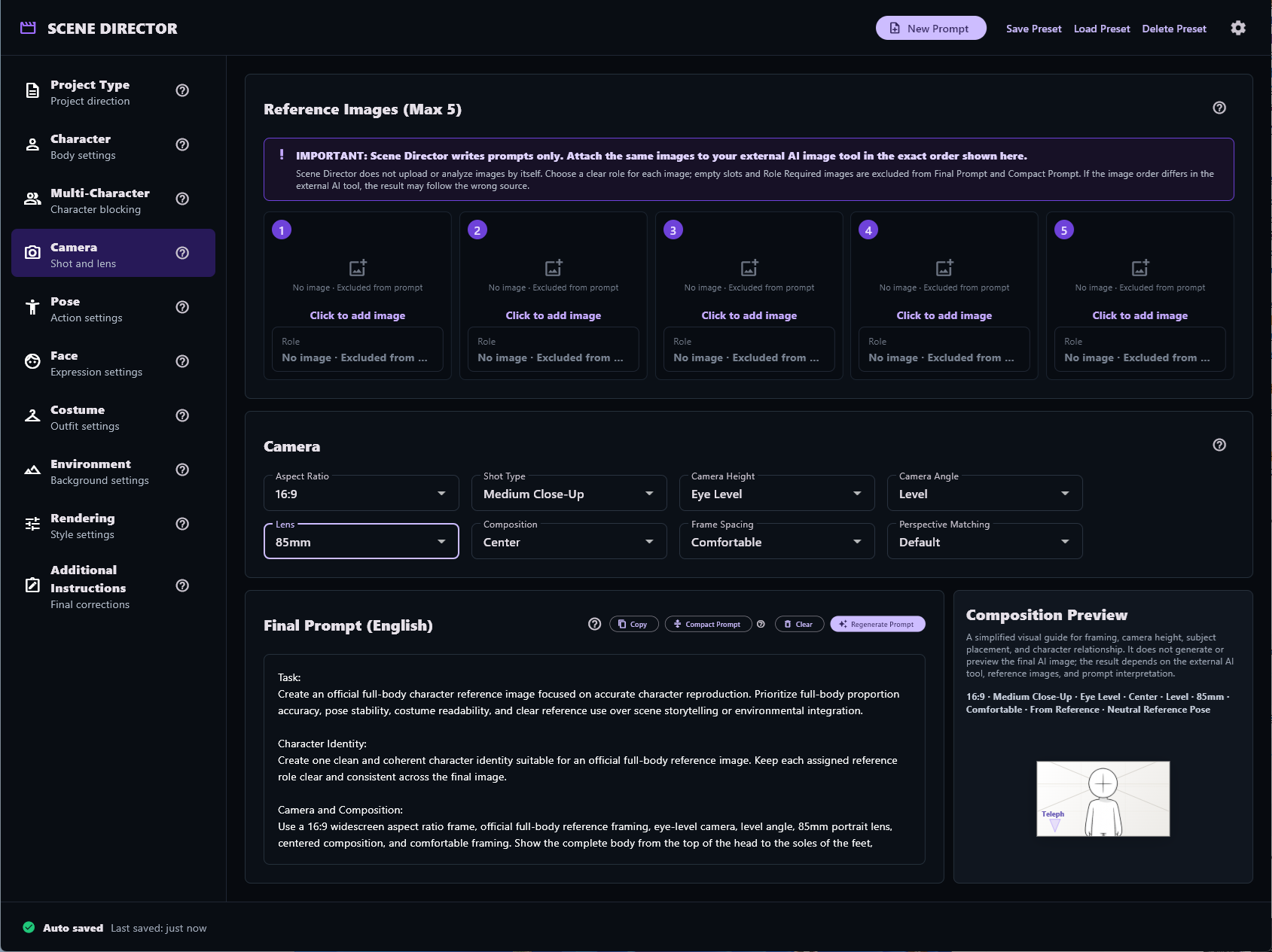 Scene Director camera controls, final prompt, and composition preview