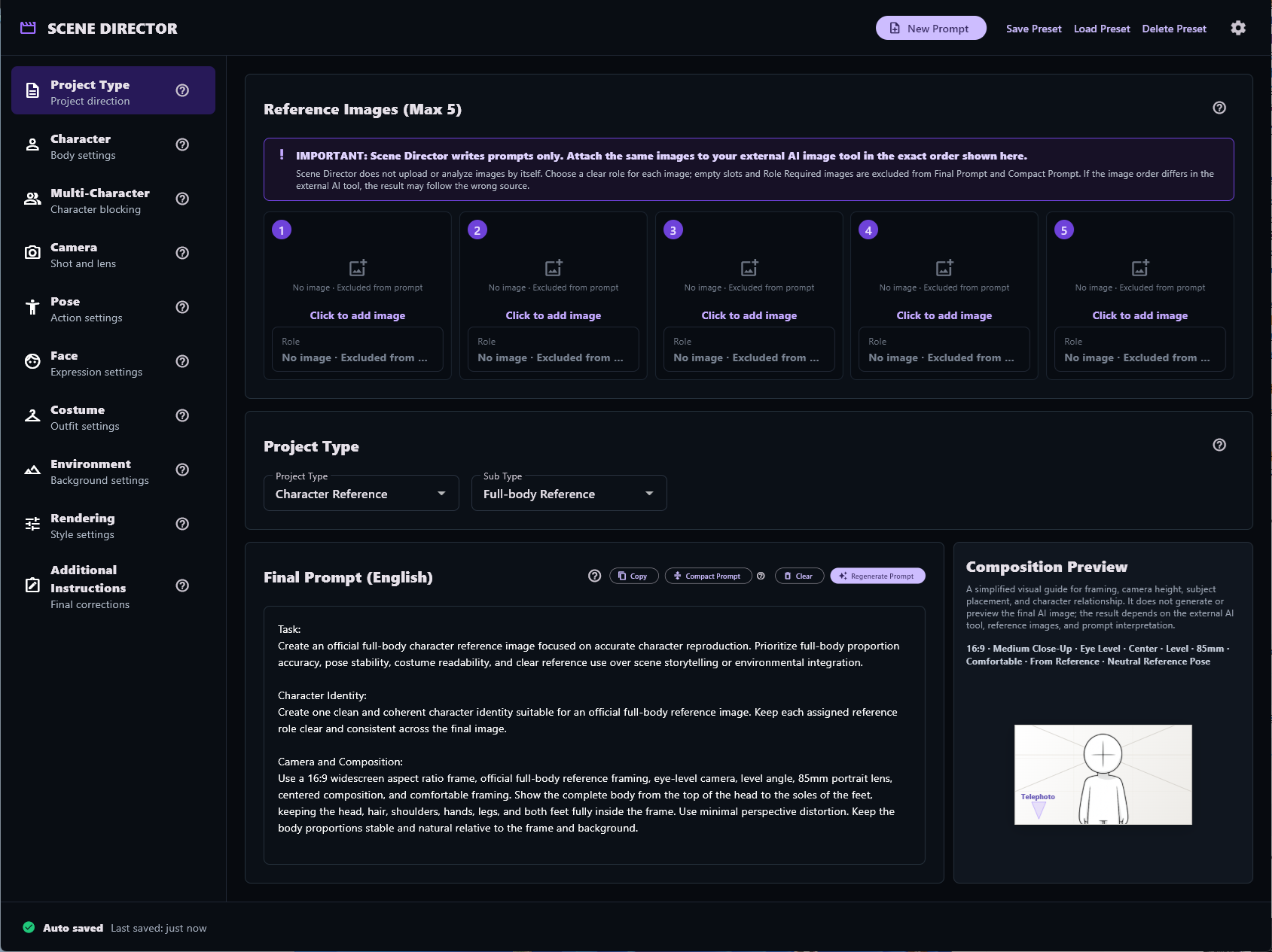 Scene Director workspace showing reference images, project type, final prompt, and composition preview