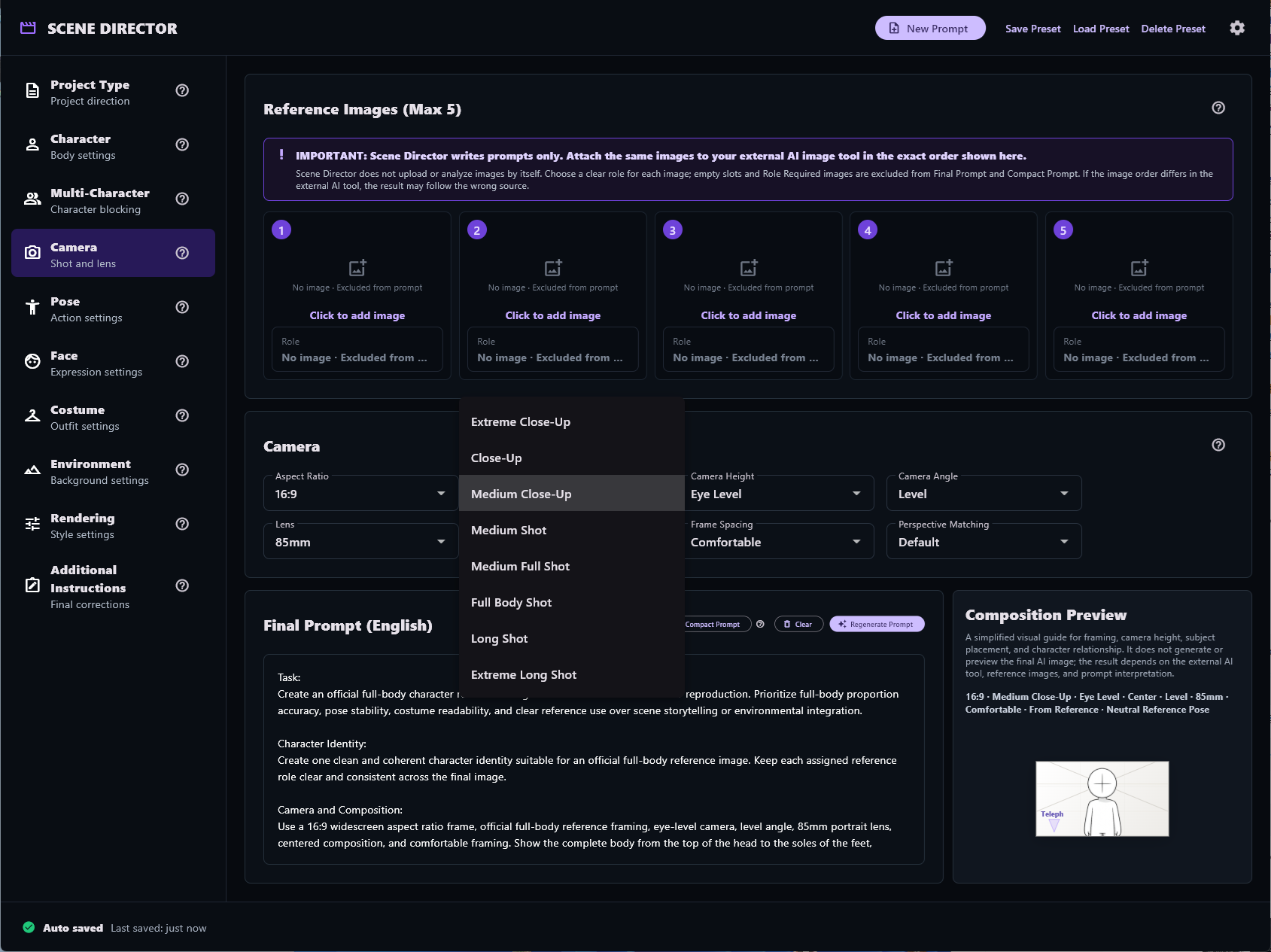 Scene Director Shot Type selection menu with camera controls